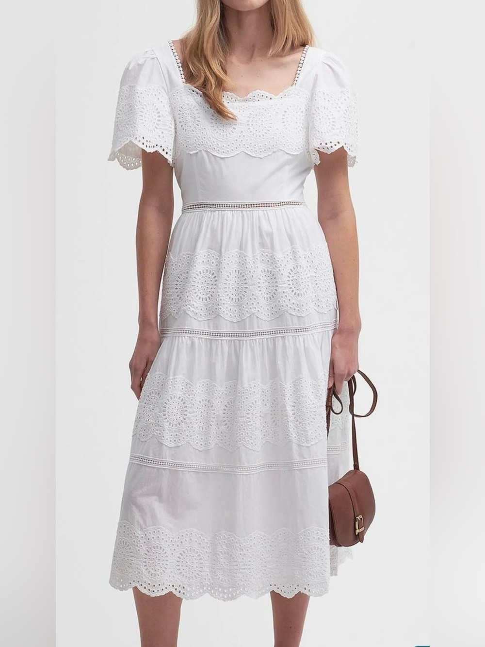 Barbour Joanne white Eyelet Embroidered Tiered Cotton Midi Dress NWT SZ 8
